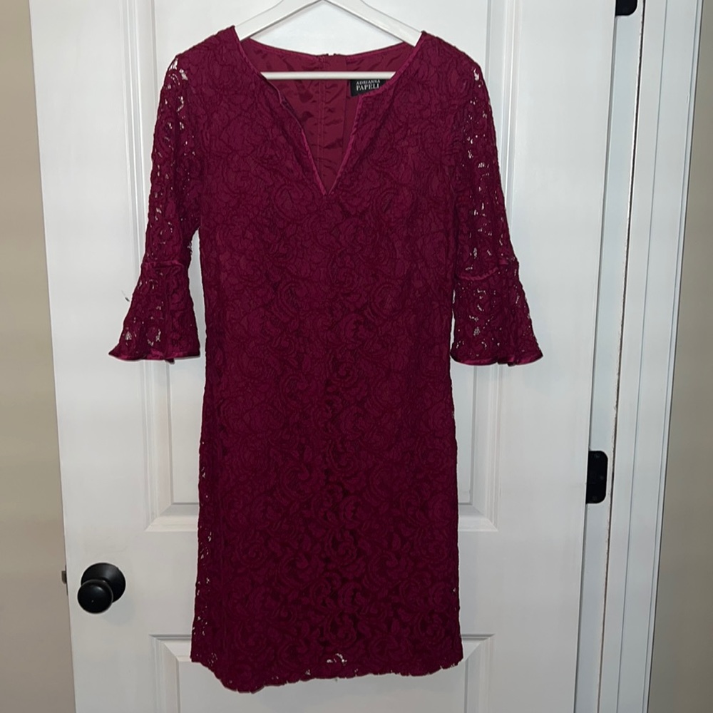 Adrianna Papell Lace Fuchsia Midi Dress with Bell Sleeves